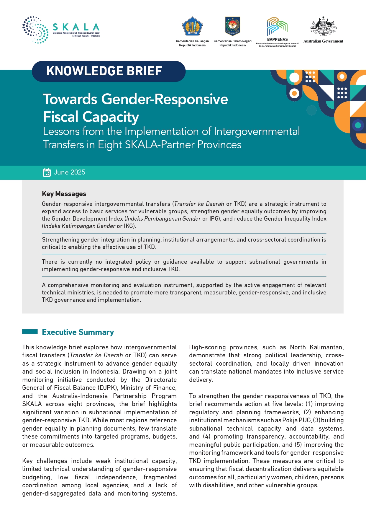 Towards Gender-Responsive Fiscal Capacity. Lessons from the Implementation of Intergovernmental Transfers in Eight SKALA-Partner Provinces